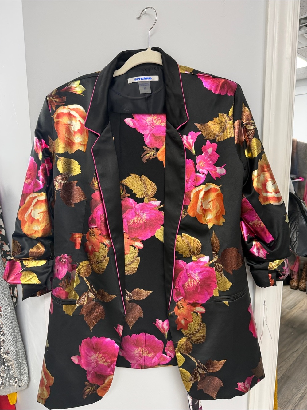 Peter Nygard Black Blazer with Pink and Gold Floral Print
